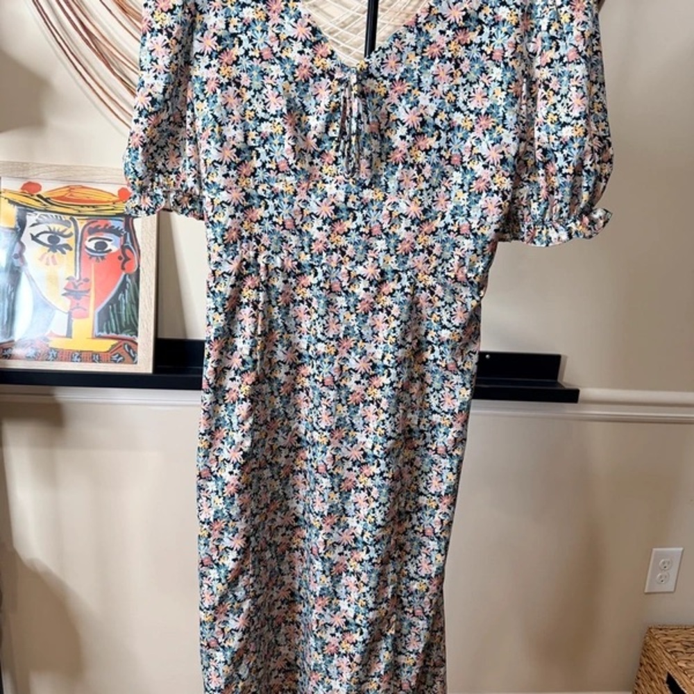 Pastel Multi Floral Puff-Sleeve Midi Dress